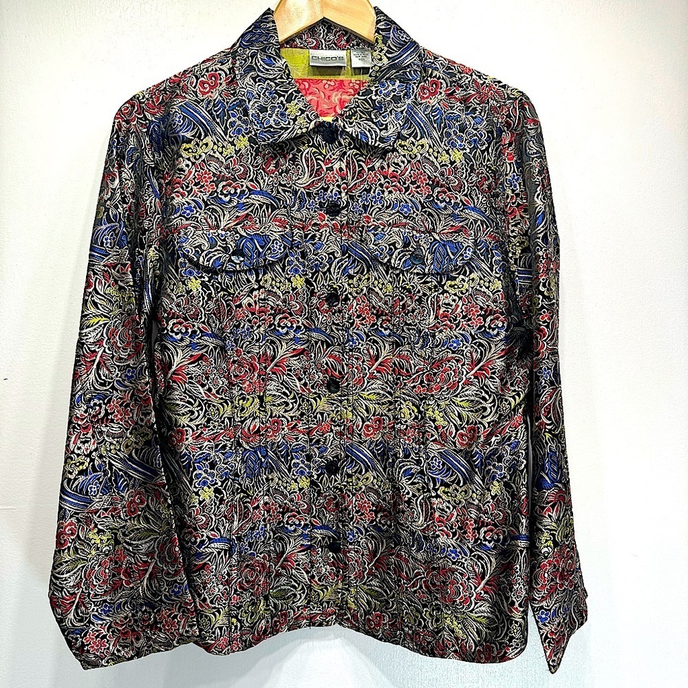 Chico’s Rainglow Alicia Jacket Black Multicolor Floral Silk Blend Jacquard 1/M